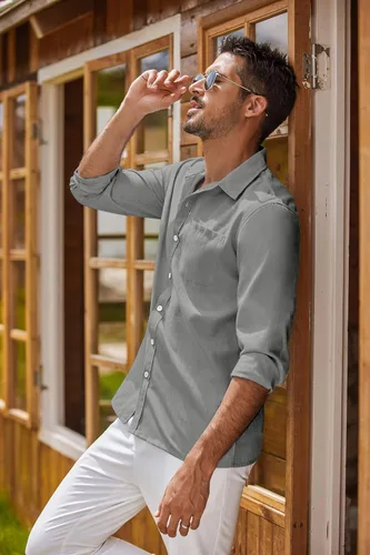 Vista 8 de COOFANDY Camisa Oxford de manga larga con botones para hombre, camisas de vestir de ajuste regular