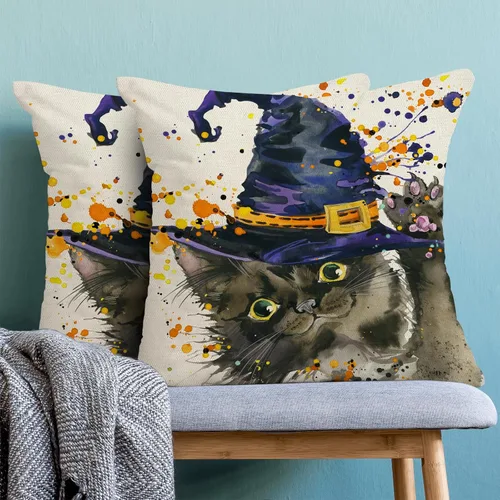 Vista 3 de Juego de 2 fundas de almohada de Halloween de 18 x 18 pulgadas, fundas decorativas de Halloween con sombrero de gato y bruja, fundas de almohada