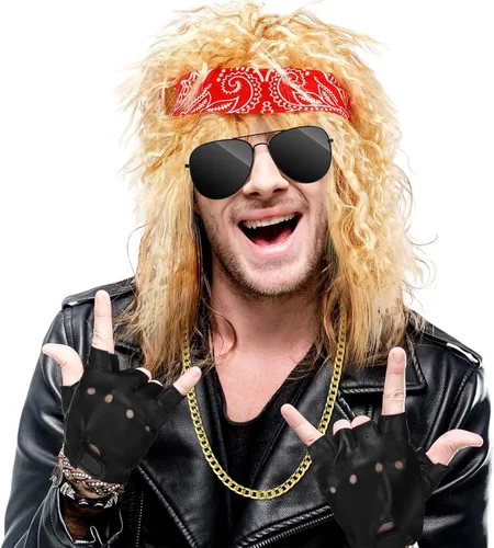 Vista 4 de Mepase 7 piezas de disfraces de los años 80 para hombre, disfraz de rock, pantalones rockeros, peluca, guantes, collar dorado, pulsera, lentes
