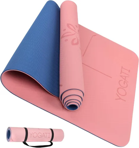 Vista 10 de YOGATI® Esterilla de Yoga con Correa con Líneas de Alineación. Esterilla de Entrenamiento en Casa para Mujeres, Hombres y Niños. Esterilla de Yoga