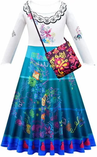Vista 3 de Disfraz de Mirabel Madrigal para niños, disfraz de Mirabel, faldas de princesa, capa de capa, trajes de Halloween con bolsa