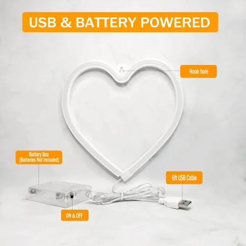Vista 4 de Luces de corazón de neón – Lámpara de corazón LED rosa, decoración para el hogar, regalos colgantes, funciona con USB / pilas para dormitorio, sala