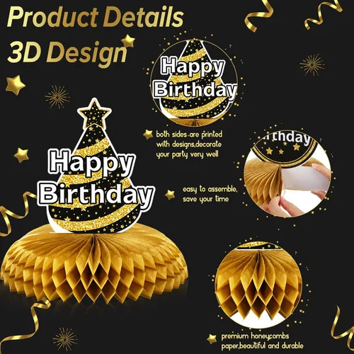 Vista 4 de Yexiya 9 Pieces Happy Birthday Table Centerpieces Black Gold Honeycomb Negro dorado