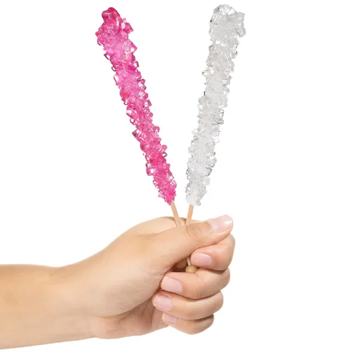 Vista 2 de Palitos de azúcar de caramelo de roca rosa claro y blanco, 12 caramelos envueltos individualmente, sabor a cereza y azúcar original