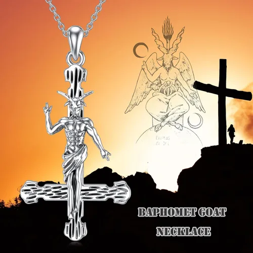 Vista 6 de PROESS Satanic Necklace Sterling Silver Inverted Cross Pendant Baphomet Necklace Goat Head Satanic Jewelry Gifts for Women Men