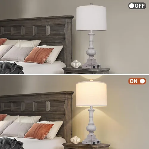 Vista 8 de 26" Farmhouse Lamp with 2 USB Ports & AC Outlet, Vintage Rustic Touch Control Bedside Lamp, Resin 3-Way Dimmable Nightstand Lamp Fabric Shade for