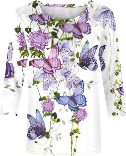 Vista 4 de amidoa Blusas de manga 34 para mujer, camisas casuales de verano con estampado floral, tallas grandes, trajes de teñido anudado, camiseta