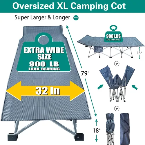 Vista 4 de Catre de camping XXL con colchón sobredimensionado de 32" de ancho, catre plegable resistente, catres cómodos para dormir, cama para invitados