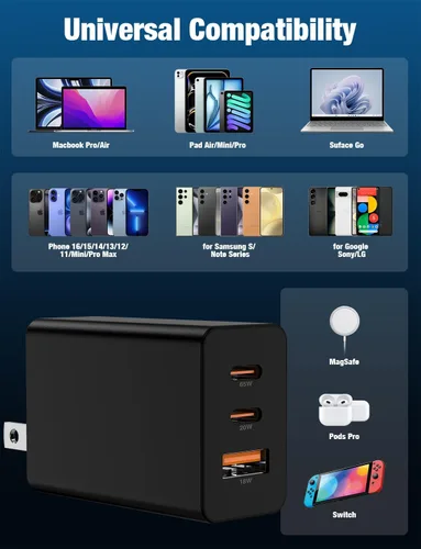 Vista 7 de Paquete de 2 bloques de cargador de pared USB C de 65 W, adaptador de carga USB C de 3 puertos de 100 W tipo C de carga súper rápida para MacBook
