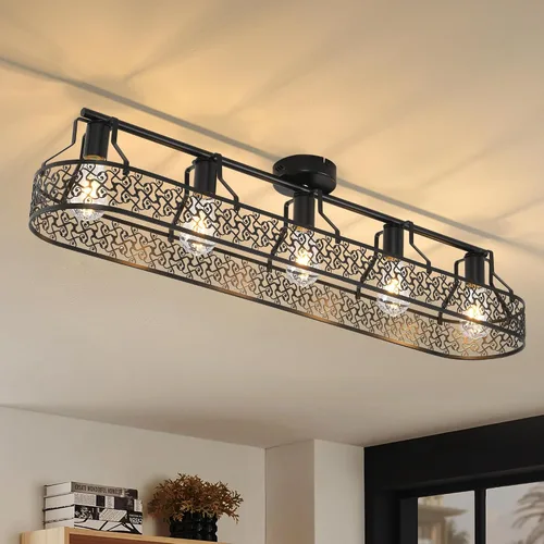 Vista 11 de Garwarm Lámpara de techo rectangular de montaje empotrado de 6 luces, lámpara de araña negra enjaulada de metal de 38 pulgadas, lámpara de techo
