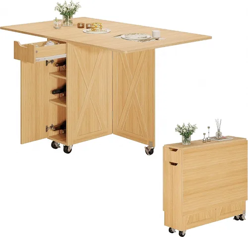 Vista 11 de 3imothrix Mesa de comedor plegable, mesa de comedor con cajón y almacenamiento y estantes, mesa de comedor que ahorra espacio con 6 ruedas, mesa