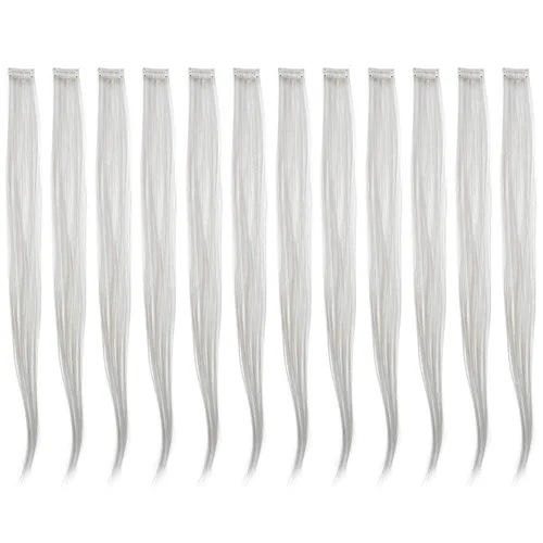 Vista 17 de SWACC 12 extensiones de cabello lacio de un color con clip, para mujer, extensiones de cabello sintético con rayas de color (rubio beige)