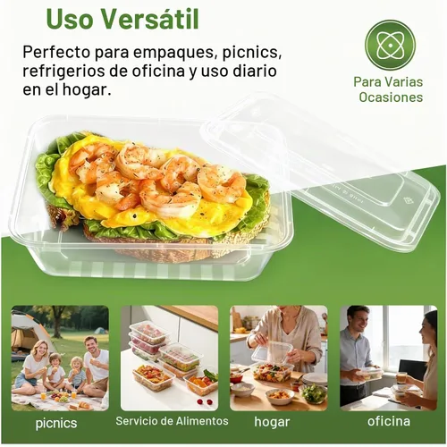 Vista 4 de Contenedor desechable transparente de 49 onzas para preparación de comidas, grande para alimentos, 50 unidades, rectangular, de plástico, con tapas