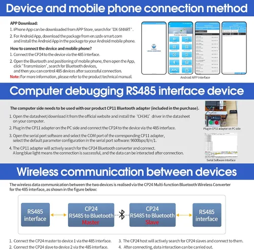 Vista 6 de Adaptador serie DX-CP24 RS485 a Bluetooth, módulo de comunicación Bluetooth inalámbrico industrial a convertidor RS485, cambia el dispositivo