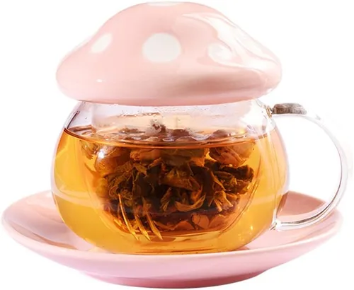 Vista 9 de Taza de té de cristal con forma de hongo Juego de platillo de té taza de café con taza de filtro