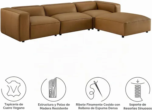 Vista 3 de Modway Auren - Sofá modular de cuero vegano de 4 piezas en color camello – Sofá modular de piel sintética de 3 plazas – Cómodo sofá moderno de piel