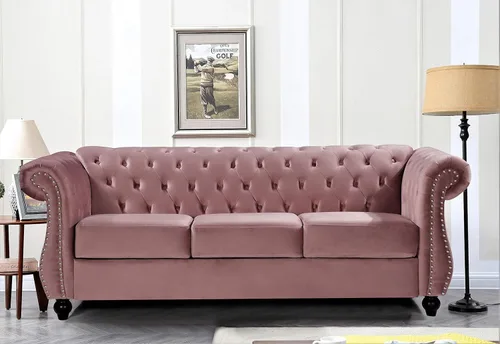 Vista 11 de Container Furniture Direct Feinstein - Sofá Chesterfield de terciopelo moderno para sala de estar con cabezas de clavos, acolchado de diamante