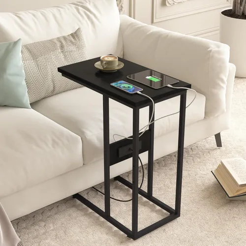 Vista 8 de VECELO Mesa auxiliar en forma de C con estación de carga y 2 puertos USB y salidas para sala de estar, dormitorio, con patas ajustables para sofá