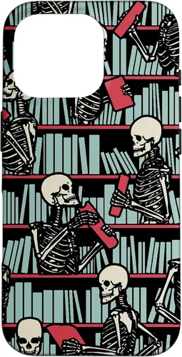 Vista 20 de iPhone 16 Bookish Public Library Skeleton Goth Librarian Books Pattern Case