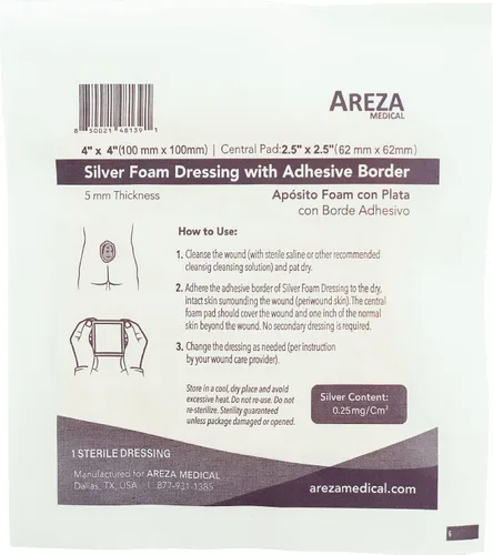 Vista 6 de Areza Medical - Almohadilla de espuma plateada para heridas - Estéril - 4" X 4" (3.9 in X 3.9 in) - Borde adhesivo - 10 unidades por caja