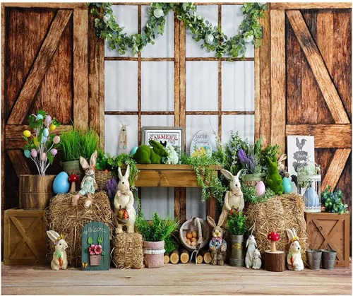 Vista 6 de Kate 7x5ft Feliz Pascua Granja Conejo Decoración Fotografía Fondos de Madera Rústica Casa Huevos Coloridos Haystack Primavera Fondo Fotobatina