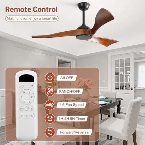 Vista 6 de CACI Mall Ventiladores de techo de madera de 52 pulgadas sin luces, sólido, ventilador de techo de 3 aspas para interiores y exteriores, sin luz