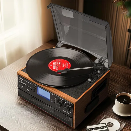 Vista 12 de ORCC Tocadiscos 10 en 1, tocadiscos nostálgicos para discos de vinilo con Bluetooth, 2 altavoces integrados, CD, cassette, radio AM/FM, USB, ranura