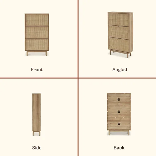Vista 7 de mopio Hannah - Gabinete para zapatos, organizador de almacenamiento de zapatos estilo granja de ratán natural, estante de armario de 3 puertas