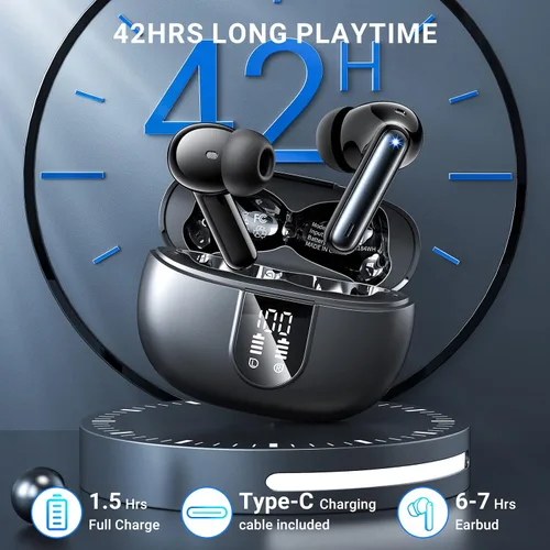 Vista 3 de Auriculares inalámbricos, auriculares inalámbricos 2024 HiFi estéreo con 4 micrófonos ENC con cancelación de ruido, 42 horas de reproducción Negro