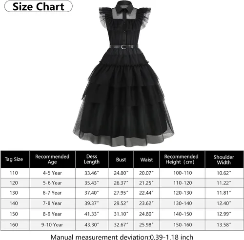 Vista 7 de LAUPHIE Disfraz de miércoles para niñas, vestido de miércoles, disfraz negro para niñas con collar, calcetines, cinturón.