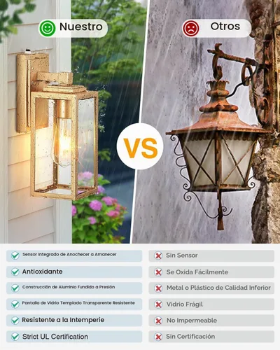 Vista 6 de VIANIS Lámpara de pared dorada para exteriores, sensor de anochecer a amanecer, apliques de montaje en pared exterior linternas luminaria para casa