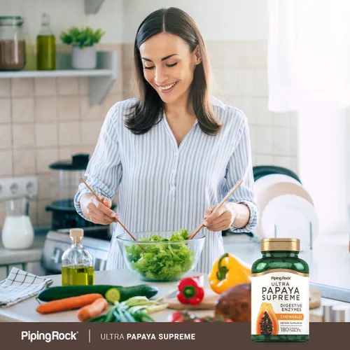 Vista 6 de Piping Rock Enzimas digestivas de papaya masticables 180 tabletas Ultra suplemento para mujeres y hombres Papaya Carica Vegetariano, sin