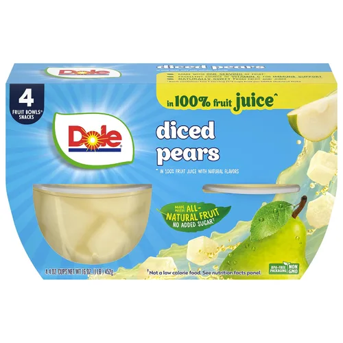 Vista 8 de Dole - Tazones de peras en cubos en jugo 100% de fruta, 4 oz, 24 tazas en total, sin gluten ni lácteos, refrigerios a granel para niños y adultos