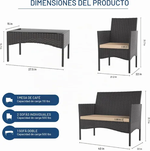 Vista 5 de Kullavik - Juego de muebles de patio de 4 piezas, sillas de mimbre de polietileno Beige