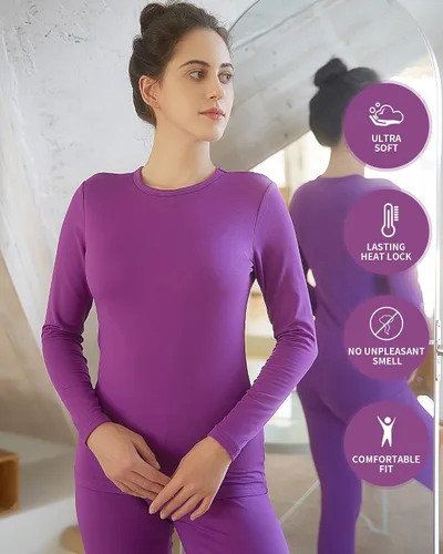 Vista 5 de WEERTI - Ropa interior térmica para mujer, calzoncillos largos con forro de vellón, capa base, parte superior e inferior para clima frío