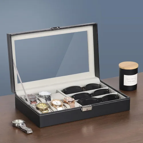Vista 7 de AUTOARK AW-004 - Caja de cuero para 6 relojes y 3 lentes y gafas de sol con organizador de joyas, cajas de almacenamiento para hombre y mujer, tapa