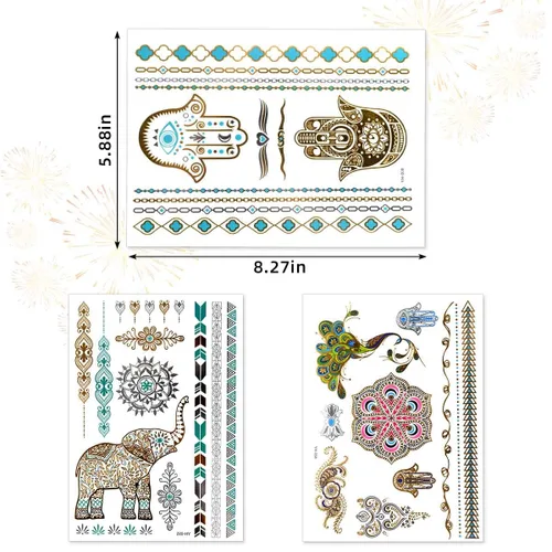 Vista 6 de 12 hojas de tatuajes temporales metálicos dorados destellantes para mujeres y niñas, impermeables, dorados y plateados, calcomanías de tatuaje