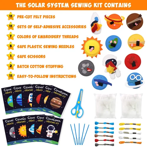Vista 3 de CiyvoLyeen Kit de costura espacial para niños, sistema solar, actividades de bricolaje para niños, suministros de manualidades de fieltro para 7, 8
