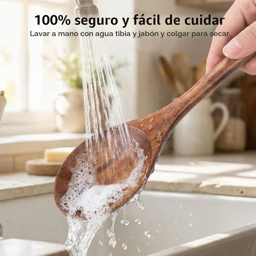 Vista 6 de HANSGO cucharas de madera para cocinar, 2 piezas de utensilio de cocina de madera de acacia, cucharas de servir de madera de 12 pulgadas