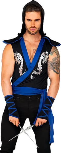 Vista 4 de Roma Costume Disfraz Ninja Warrior de 3 piezas para hombre, negroazul, talla M, NegroAzul, M