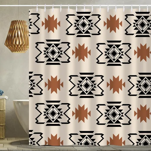 Vista 11 de Cortina de ducha de calavera de toro occidental estilo boho con cuernos de vaca, calavera de cactus bohemia en negro y dorado con ganchos, cortina