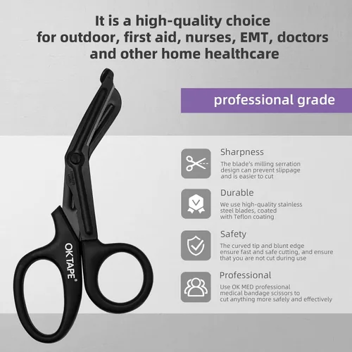 Vista 3 de OK TAPE Tijeras de vendaje, tijeras médicas, tijeras de trauma EMT, tijeras antiadherentes, primeros auxilios de teflón de acero inoxidable