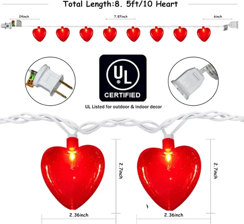 Vista 8 de Guirnalda de luces de hadas de corazón rojo de 8.5 pies, luces de decoración del día de San Valentín con 10 luces de corazón 3D rojas, luz de Plata