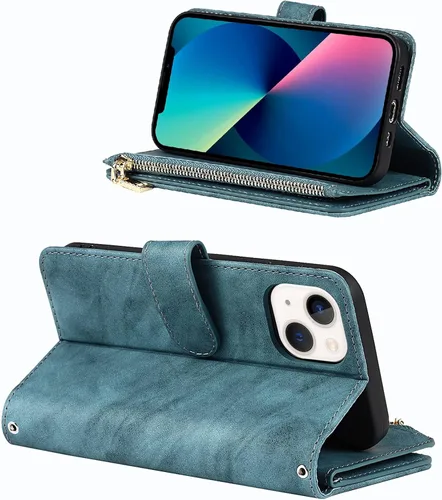 Vista 3 de Funda para iPhone 13/14 con tarjetero para mujeres y hombres, con soporte para iPhone 14 con correa de hombro, funda de piel con cremallera y Cordón