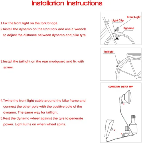 Vista 3 de Juego de luces de dinamo para bicicleta, faros delanteros y traseros LED, luz de seguridad, accesorios de ciclismo