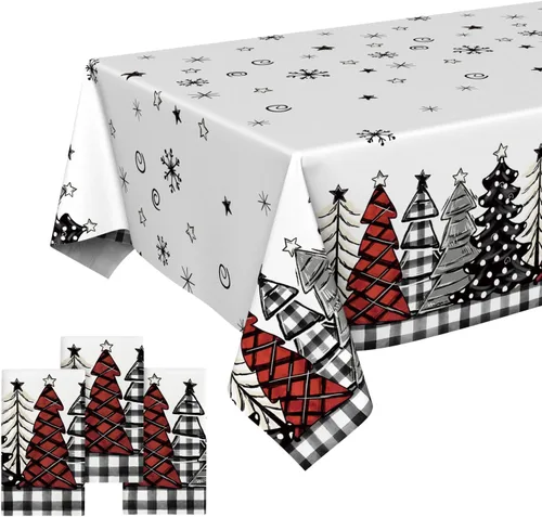 Vista 9 de Horaldaily 1 paquete de mantel desechable de Navidad, cubierta de mesa rectangular de plástico con árboles de nieve para decoración de fiesta