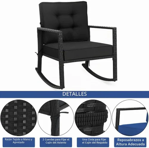 Vista 7 de HAPPYGRILL Mecedora de mimbre, silla mecedora de patio al aire libre con marco resistente, cojín grueso, mecedora de ratán para patio trasero Negro