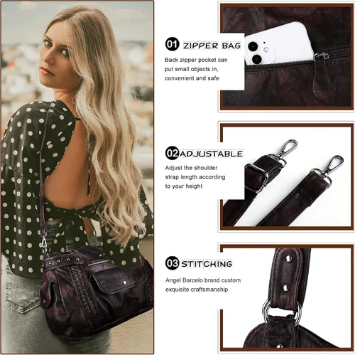 Vista 77 de Angel Barcelo - Bolsa de hombro amplia para mujer, diseño Hobo, cuero lavado