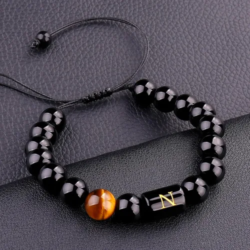 Vista 70 de SUMMER LOVE Regalos para el Día del Padre, pulsera con inicial de piedra de ónix negro de 0.394 pulgadas para hombres, pulsera de cuerda trenzada