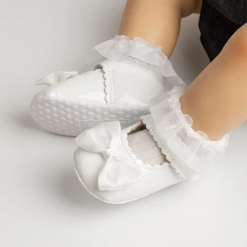 Vista 2 de Meckior Zapatos deportivos para bebé y niñas, suela suave, con lazo, princesa, vestido de boda, Mary Jane, planos, para recién nacidos, ligeros
